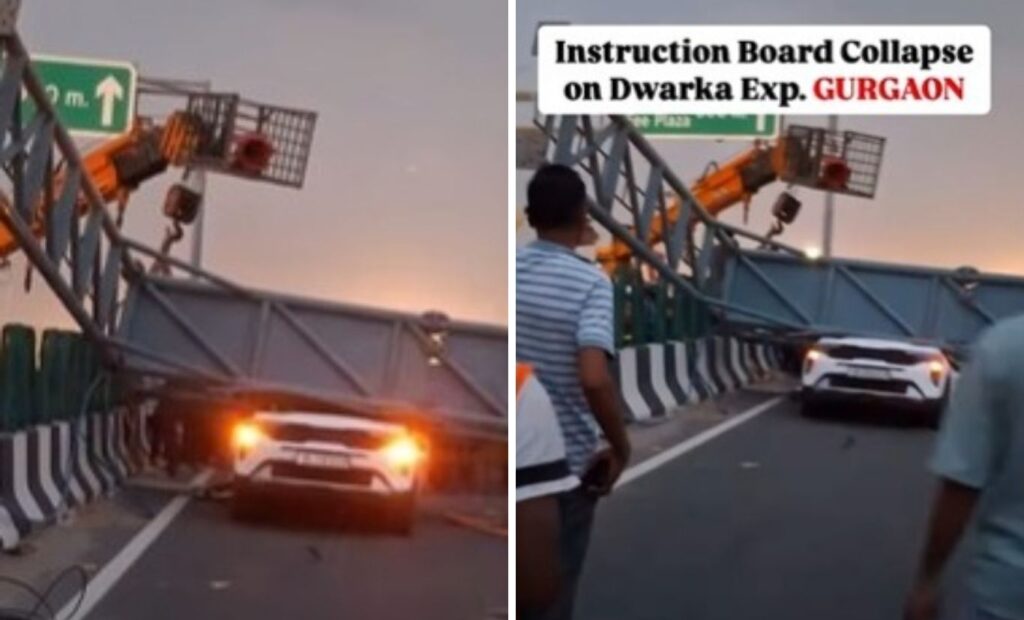 Signboard Collapses on SUV During Dust Storm on Dwarka Expressway; Driver Injured, Traffic Disrupted | Video